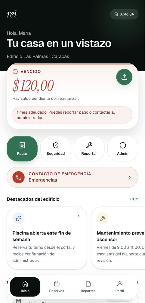 Portal del residente con saldo, pago, historial y reportes